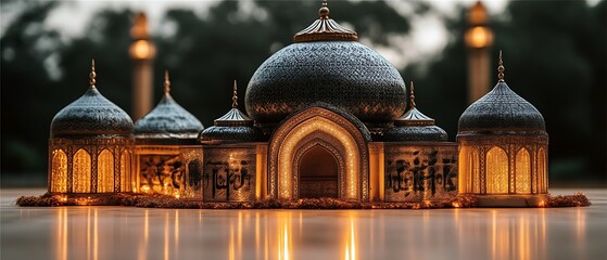 Obraz premium Illuminated Mosque Model Night Photography Ramadan Decor