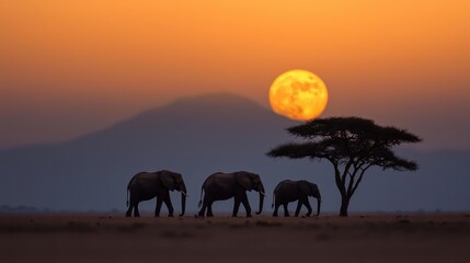 Fototapeta premium A herd of elephants silhouetted against a breathtaking vibrant sunset sky in the tranquil African savanna landscape The majestic animals stand tall and proud