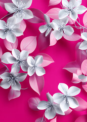 pattern design with a hot pink background, featuring white flowers and leaves