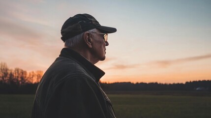 Elderly man contemplates sunset, rural field background; peaceful retirement imagery