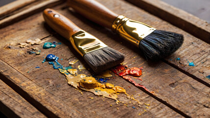 Fototapeta premium Artist paint brushes on the wooden palette