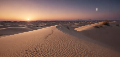 Naklejka premium The moon's gentle light illuminates the sandy dunes as it rises above the horizon at dusk, serene atmosphere , sand dunes
