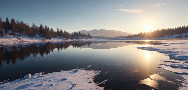 The morning light casts a silver glow on the frozen surface of the Carron Valley Reservoir , carron valley, Scotland