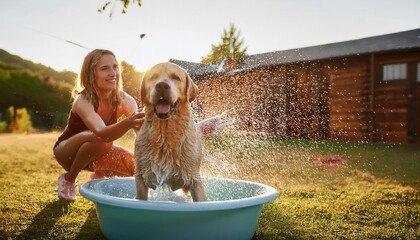 A woman happily washes her large dog in a blue tub, enjoying a sunny day outdoors in nature.