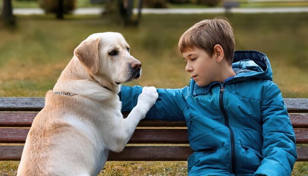 A young boy shares a heartfelt moment with his loyal dog, exchanging love in a serene park.