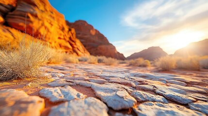 National parks nature concept. Stunning desert landscape with rocky terrain and vibrant sunset hues.