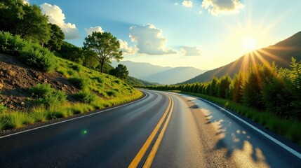 Fototapeta premium Asphalt ribbon winding through verdant hills bathed in the golden hour sunlight, a scenic journey awaits