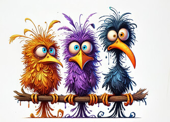 Fototapeta premium A whimsical and furry owl character with vibrant red, blue, yellow, purple messy feathers and big round eyes for stickers and prints on isolated white background