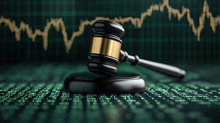 Abstract digital blending a gavel a courthouse and a financial data visualization chart or graph representing the interplay between the legal system financial markets and data driven decision making