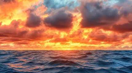 Obraz premium Sunset over ocean nature concept. Breathtaking sunset over the ocean, with vibrant colors reflecting on the water surface.