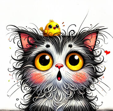 A strange, unkempt and neglected black and white cat with exaggeratedly large round eyes standing upright with a confused expression on an isolated white background for stickers and prints