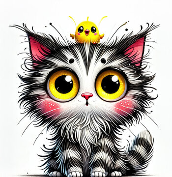 A strange, unkempt and neglected black and white cat with exaggeratedly large round eyes standing upright with a confused expression on an isolated white background for stickers and prints
