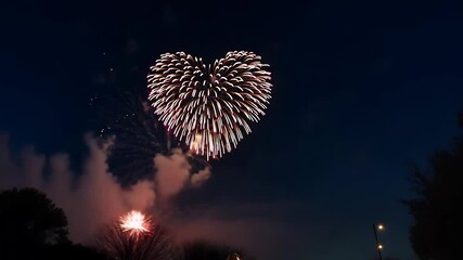 A stunning heart-shaped firework display with a radiant explosion in the center, symbolizing love, celebration, and festive joy at night.  4k video footage
 - Powered by Adobe