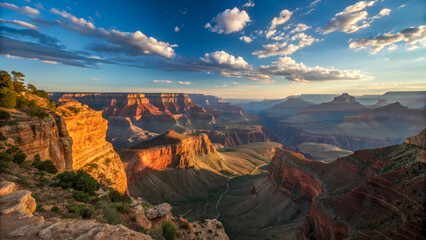 The majestic canyon landscape, illuminated by the golden rays of the setting sun, creates a dramatic play of light and shadow on the rocky cliffs.