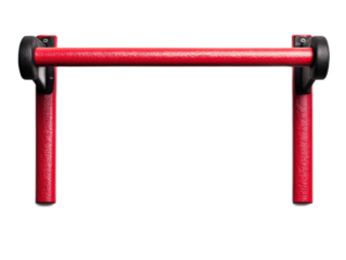 A vibrant red gym bar with sturdy black grips, designed for strength training and exercise.