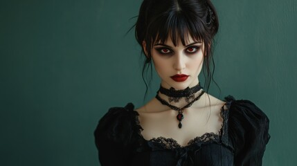 Fototapeta premium gothic victorian woman portrait dark red lips black dress