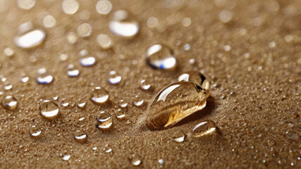 Raindrops on sand with golden light and detailed water droplet reflections