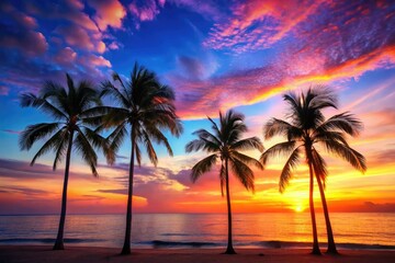The silhouette of palm trees stands tall against the brilliant colors of a sunset over a serene beach at dusk, tranquility, sand, clouds