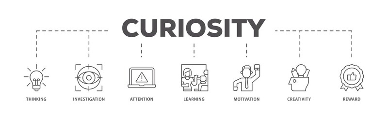 Curiosity infographic icons flow process which consists of thinking, investigation, attention, learning, motivation, creativity, reward icon live stroke and easy to edit .