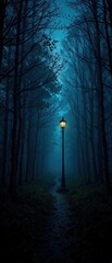 Obraz premium The single light pole illuminates a narrow stretch of dark forest path, creating an eerie atmosphere, nighttime scene, solitary object, dimly lit area