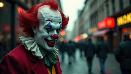 the clown is smiling, the background is a street in the background, a city, a street, a free space for text