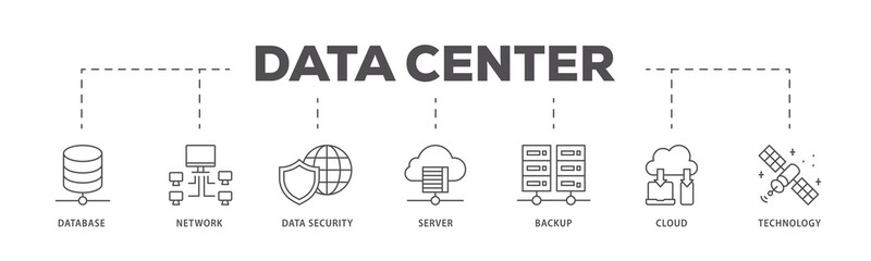 Data center infographic icons flow process which consists of database, network, data security, server, backup, cloud and technology icon live stroke and easy to edit .