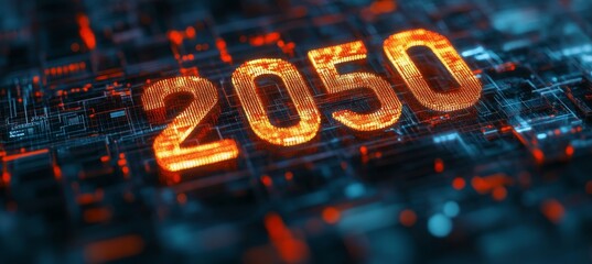 Year 2050 in Blazing Orange Against a Dark Circuit Board An Abstract Look at the Future