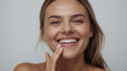 Smiling woman touching her face against a neutral background, showcasing healthy skin and natural beauty during bright daylight