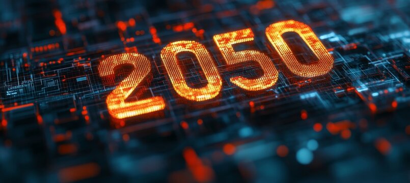 Year 2050 in Blazing Orange Against a Dark Circuit Board An Abstract Look at the Future