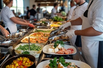 Obraz premium Culinary staff preparing and serving a diverse buffet with fresh seafood and vibrant vegetables