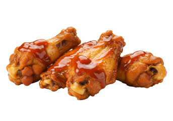 Chicken wings with barbecue sauce isolated on white background, front view, no depth of field, sharp.