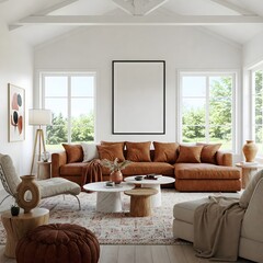 Frame mockup, ISO A paper size. Living room wall poster mockup. Interior mockup with house background. Modern interior design. 3D render