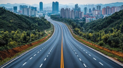 Naklejka premium Highway to the City: A long, straight highway stretches towards a modern cityscape nestled amidst verdant hills, offering a captivating blend of urban development and natural beauty. 