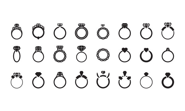 Engagement rings, wedding ring vector set, diamond icon Vector illustration of love and marriage symbols, perfect for wedding invitations, romantic designs, and jewelry branding 