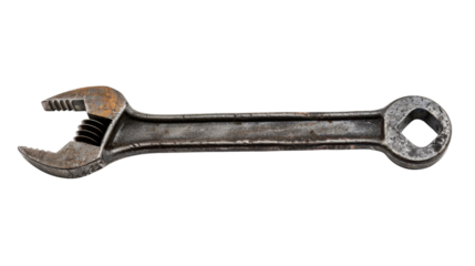 Adjustable wrench showing signs of wear and tear on transparent background