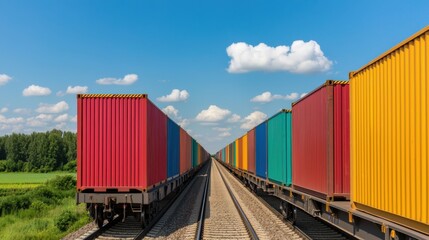 Fototapeta premium Aerial view of a rural railway logistics station with vibrant freight containers in various colors lined up on the tracks surrounded by a green countryside landscape and a cloudy blue sky