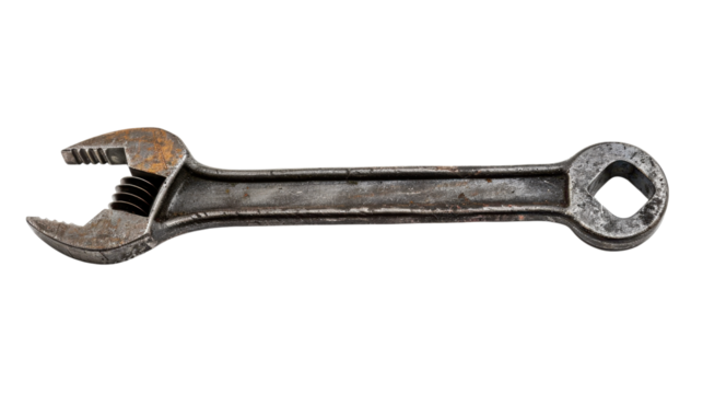 Adjustable wrench showing signs of wear and tear on transparent background - Powered by Adobe