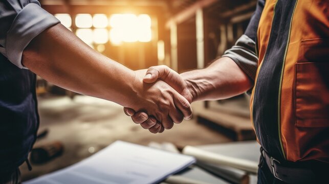 Professional handshake agreement in a construction site during home renovation project with sunlight illuminating the background