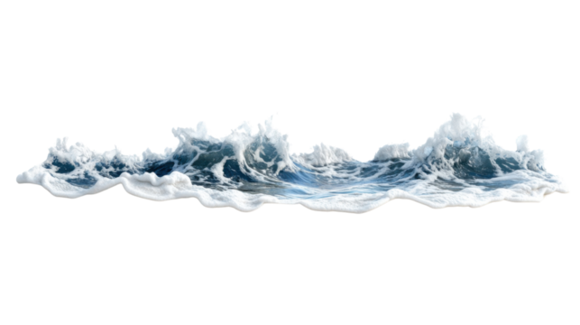 Realistic ocean wave splashing with foam on transparent background