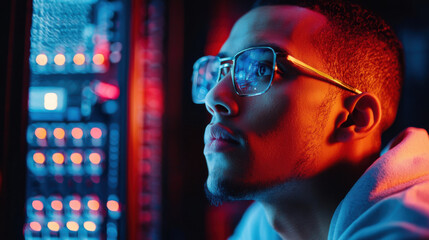 technician focused on computer systems in vibrant, illuminated environment