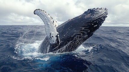 Naklejka premium Humpback Whale Breaching Ocean Surface Water