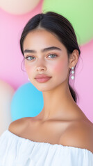 Striking Armenian model showcases beauty with glowing pastel backdrop in a stunning portrait