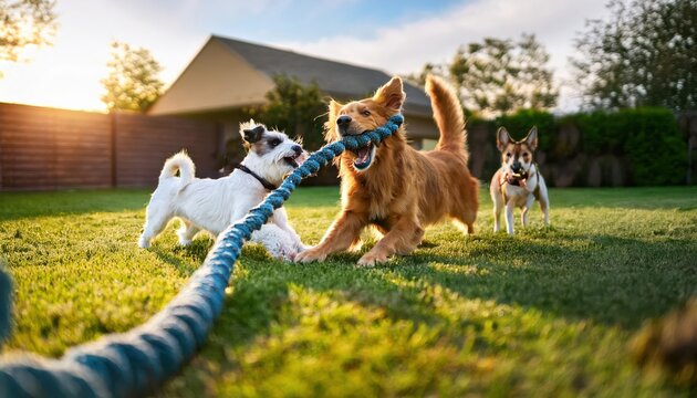 Three energetic dogs enjoy a lively game of tug of war, surrounded by a lush green lawn at dusk.