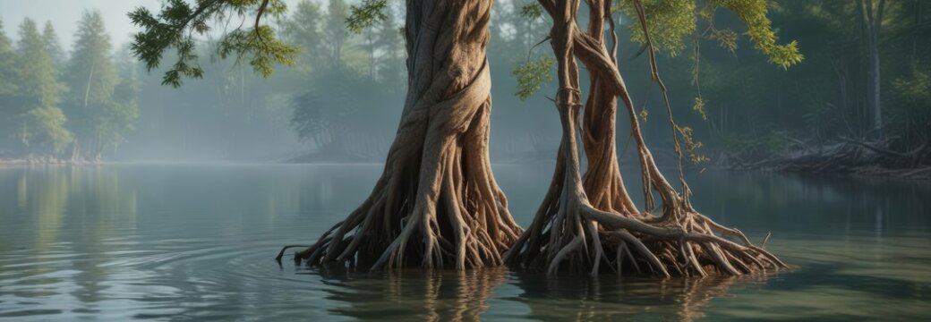 The twisted roots of a bald cypress tree stretch out into the lake water as if trying to reconnect with its natural surroundings, tree roots, serenity