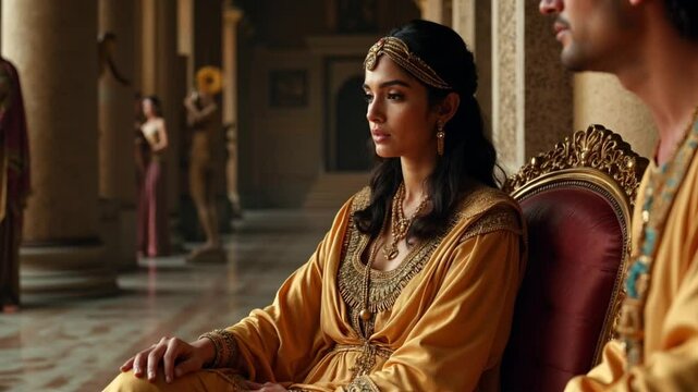 Cinematic medium shot of Cleopatra meeting Julius Caesar in 48 BCE. Their intense gaze reflects power, diplomacy, and the pivotal alliance that shaped ancient history.