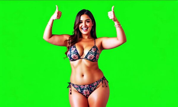 beautiful plump woman wearing bikini dancing on green screen