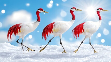 Fototapeta premium Three Red crowned Cranes Walking on Snow Winter Birds Wildlife Scene