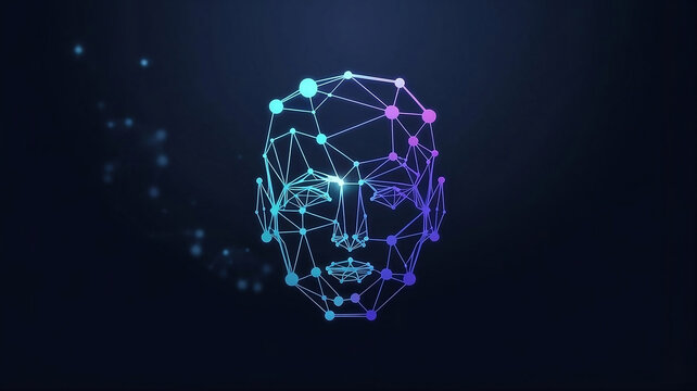 Futuristic face recognition technology illustration, A striking, abstract illustration of a human face rendered as interconnected lines and points, conveying a futuristic and technological theme.