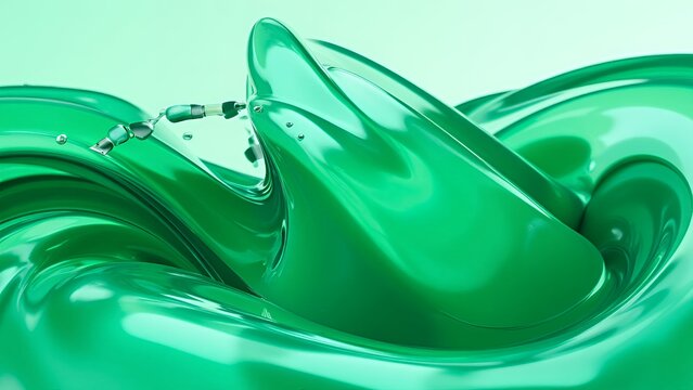 光沢があり反射する鮮やかな緑色の液体の抽象的な渦巻く波
