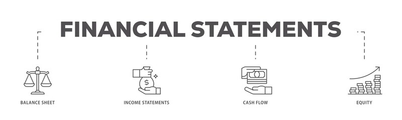Financial statements infographic icons flow process which consists of graph, balance sheet, pie chart, income statements, money, calculator, income, earningicon live stroke and easy to edit .